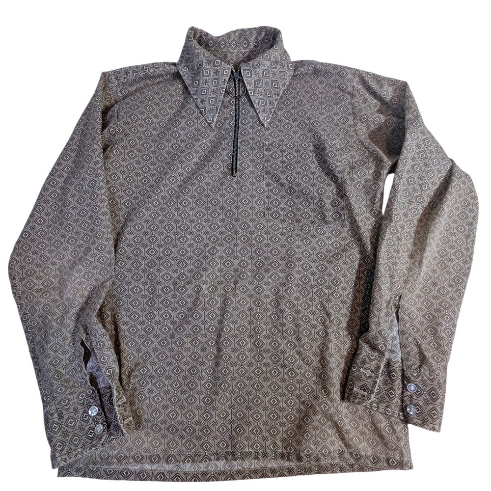 Vintage Blouse S Brown Tan Geometric 70s Dagger Collar Ring Zip